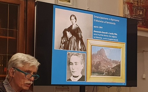 Sergio Beccio con le immagini di Alessandra Boarelli e la giovane dama di compagnia Cecilia Fillia che il 16 agosto 1864 hanno compiuto la prima ascesa femminile al Monviso