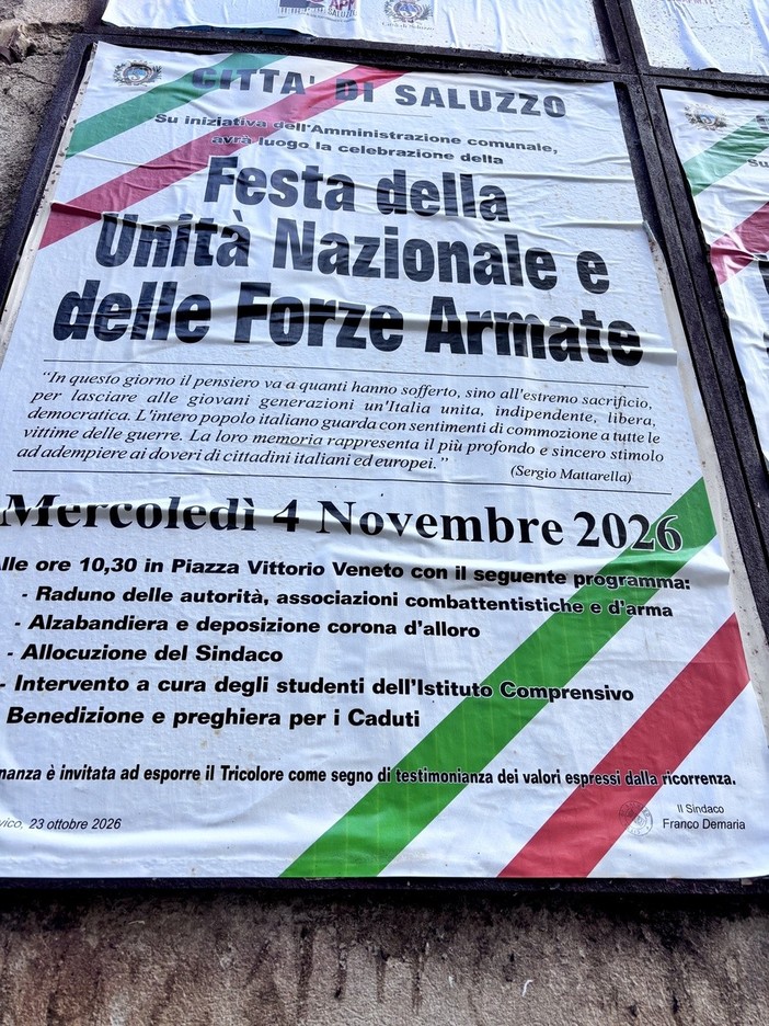 Saluzzo, il programma delle celebrazioni per la festa nazionale dell’Unità d’Italia e delle forze armate Saluzzo, il programma delle celebrazioni per la festa nazionale dell’Unità d’Italia e delle forze armate