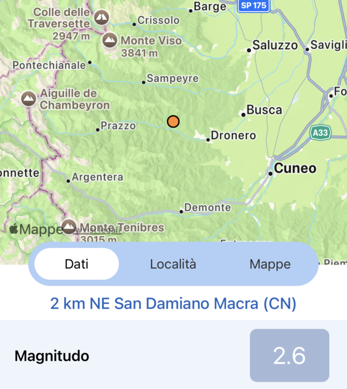 Valle Maira: registrata nella notte una scossa di terremoto di magnitudo 2.6 Valle Maira: registrata nella notte una scossa di terremoto di magnitudo 2.6