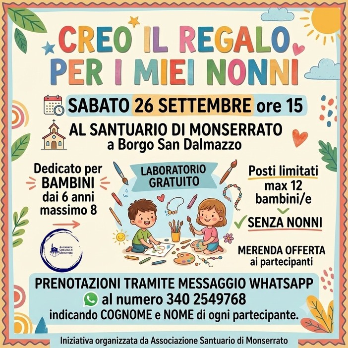 "Creo il regalo per i miei nonni": sabato al Santuario di Monserrato un laboratorio gratuito per i bambini tra 6 e 8 anni "Creo il regalo per i miei nonni": sabato al Santuario di Monserrato un laboratorio gratuito per i bambini tra 6 e 8 anni