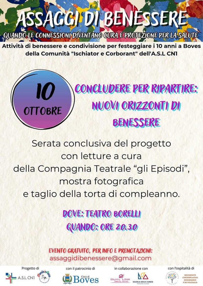 "Concludere per ripartire: nuovi orizzonti di benessere" venerdì 10 ottobre al Borelli di Boves "Concludere per ripartire: nuovi orizzonti di benessere" venerdì 10 ottobre al Borelli di Boves