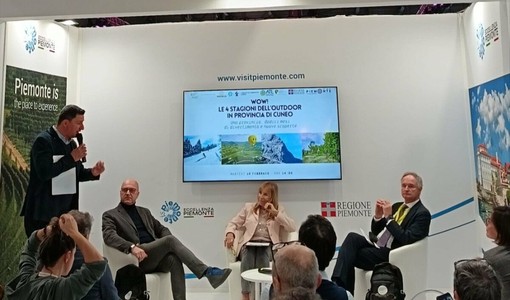 Nelle foto, il momento stampa organizzato dall'ATL del Cuneese e dall'Ente Turismo Langhe Monferrato Roero sotto l'egida dell'Associazione per il turismo outdoor in provincia di Cuneo "WOW", presso lo stand Regione Piemonte alla BIT di Milano. All'incontro, anche l'Assessore Regionale al turismo Paolo Bongioanni