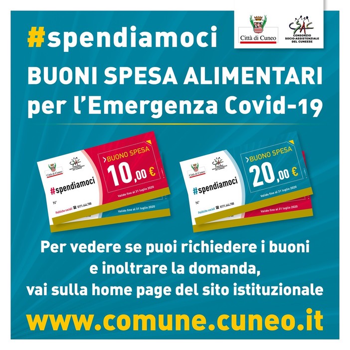 #Spendiamoci, a Cuneo da domani (a partire dalle 8,30) è possibile richiedere i Buoni Spesa