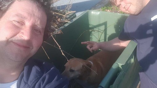 I due operatori ecologici durante il salvataggio del cane