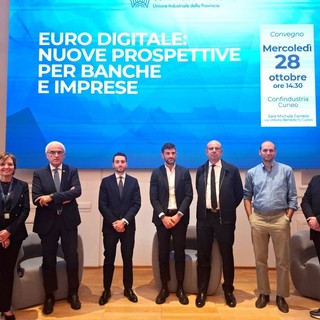 Da sinistra Elena Boretto, Bartolomeo Salomone, l'onorevole Giovanni Crosetto, Antonio Valitutti, Andrea Pozzi, Jacopo Fracassi,Fabrizio Goria