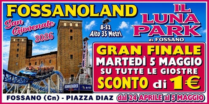 Fossanoland 2026: ultimo giorno a Fossano, gran finale il 5 maggio con sconto su tutte le giostre Fossanoland 2026: ultimo giorno a Fossano, gran finale il 5 maggio con sconto su tutte le giostre