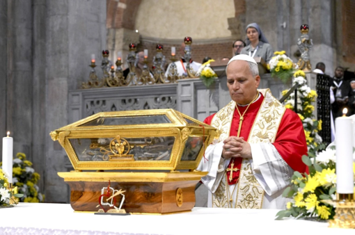 Leone XIV davanti alle reliquie del Santo di Ippona, a Pavia (Foto Vatican Media) Leone XIV davanti alle reliquie del Santo di Ippona, a Pavia (Foto Vatican Media)