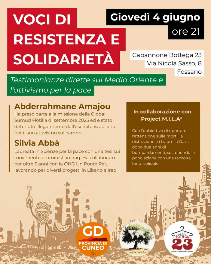 A Fossano “Voci di Resistenza e Solidarietà”: testimonianze dal Medio Oriente A Fossano “Voci di Resistenza e Solidarietà”: testimonianze dal Medio Oriente