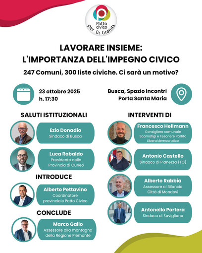 Patto civico per la Granda: a Busca una serata tutta dedicata all'impegno civico Patto civico per la Granda: a Busca una serata tutta dedicata all'impegno civico