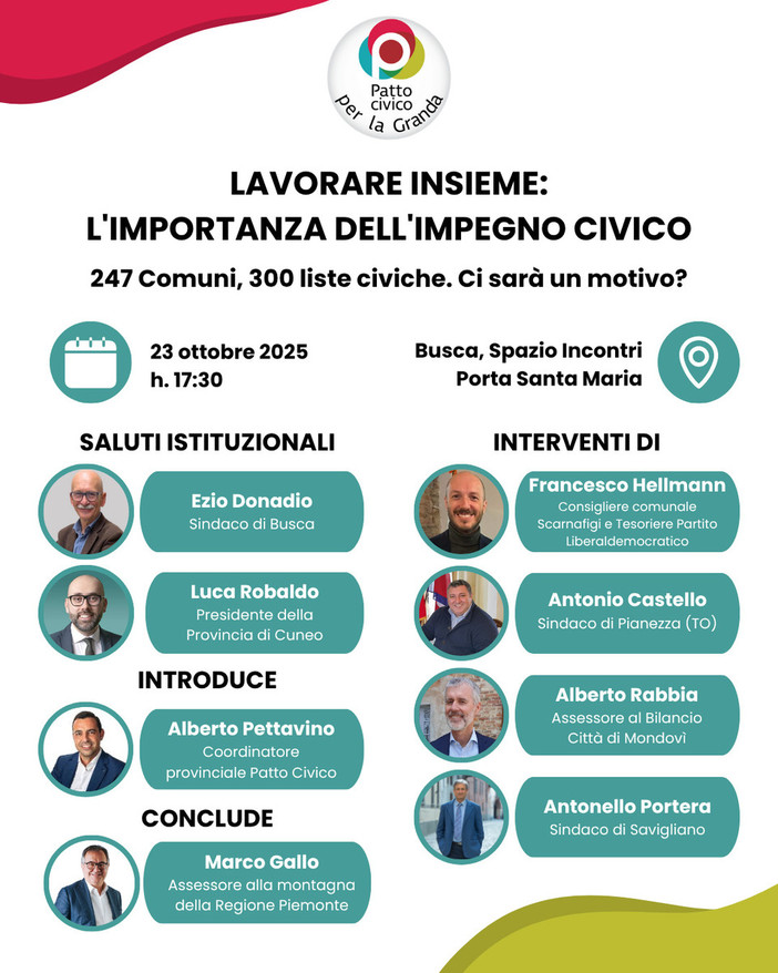Patto civico per la Granda: a Busca una serata tutta dedicata all'impegno civico Patto civico per la Granda: a Busca una serata tutta dedicata all'impegno civico