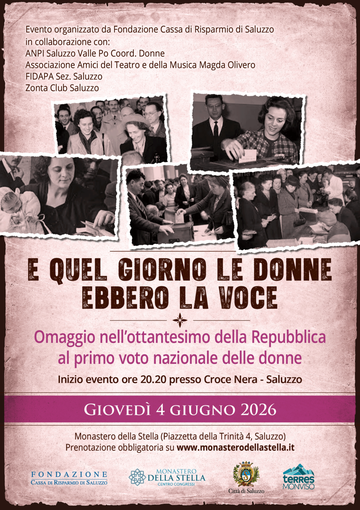 La locandina dell'evento "E, quel giorno le donne ebbero voce" a Saluzzo giovedì 4 giugno La locandina dell'evento "E, quel giorno le donne ebbero voce" a Saluzzo giovedì 4 giugno