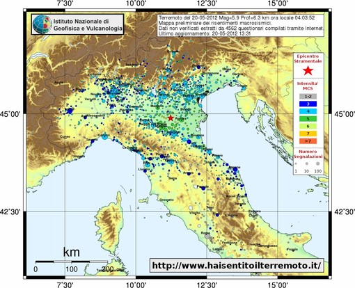La mappa preliminare dei risentimenti macrosismici