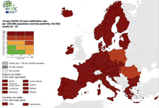 Mappa europea sull'incidenza del contagio. Piemonte per la quarta settimana in rosso