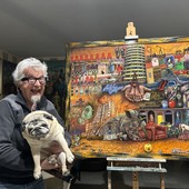 Franco Sebastiano Alessandria con il suo cagnolino Ben e la nuova opera Franco Sebastiano Alessandria con il suo cagnolino Ben e la nuova opera