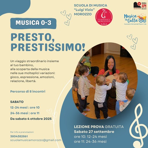 A Morozzo arriva “Presto, prestissimo!”, nuovo corso di educazione musicale per la prima infanzia