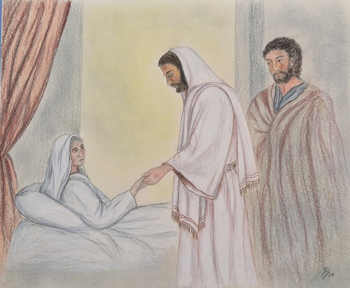 “Gesù guarisce la suocera di Pietro”, disegno dell’artista braidese Pinuccia Sardo