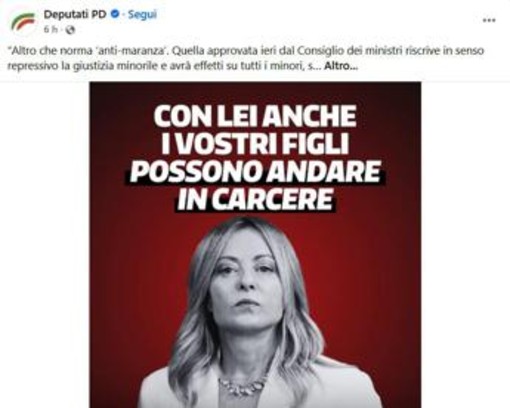 "Con Meloni i vostri figli possono andare in carcere": lo slogan choc del Pd sulla giustizia. La premier: "Italia più sicura per chi non commette reati" "Con Meloni i vostri figli possono andare in carcere": lo slogan choc del Pd sulla giustizia. La premier: "Italia più sicura per chi non commette reati"